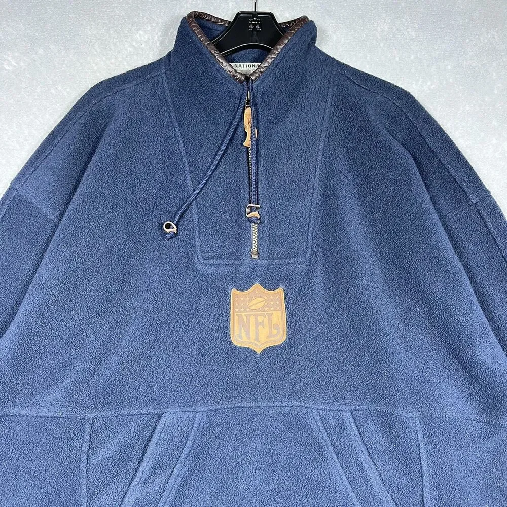 VTG NFL Sweatshirt Mens XL Navy 1/4 Zip Embroidered Fleece Plaid Lined Sweater